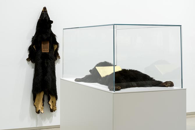 Photograph of artwork featuring beads on cloth and bear fur in a room